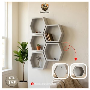 May include: Six gray, hexagonal wall shelves arranged in a honeycomb pattern on a white wall. The shelves are empty except for small decorative items, including books, a potted plant, and a vase of lavender. The image includes the text "STL 3MF" and "This is a Digital Product."