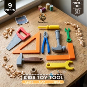 May include: A set of nine toy tools for children, including a red saw, orange triangle ruler, blue pliers, gray hammer, green wrench, brown hammer, orange square ruler, yellow wrench, and yellow screwdriver, with scattered wood shavings.