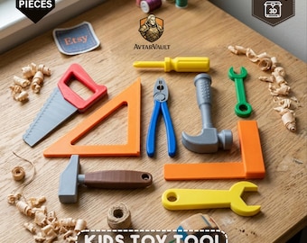 May include: A set of nine toy tools for children, including a red saw, orange triangle ruler, blue pliers, gray hammer, green wrench, brown hammer, orange square ruler, yellow wrench, and yellow screwdriver, with scattered wood shavings.