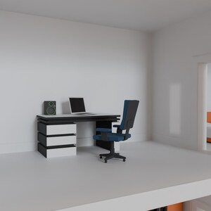 May include: A contemporary office space with a black and white desk, a laptop, and a blue office chair. A small speaker is on the desk. The room is painted white.