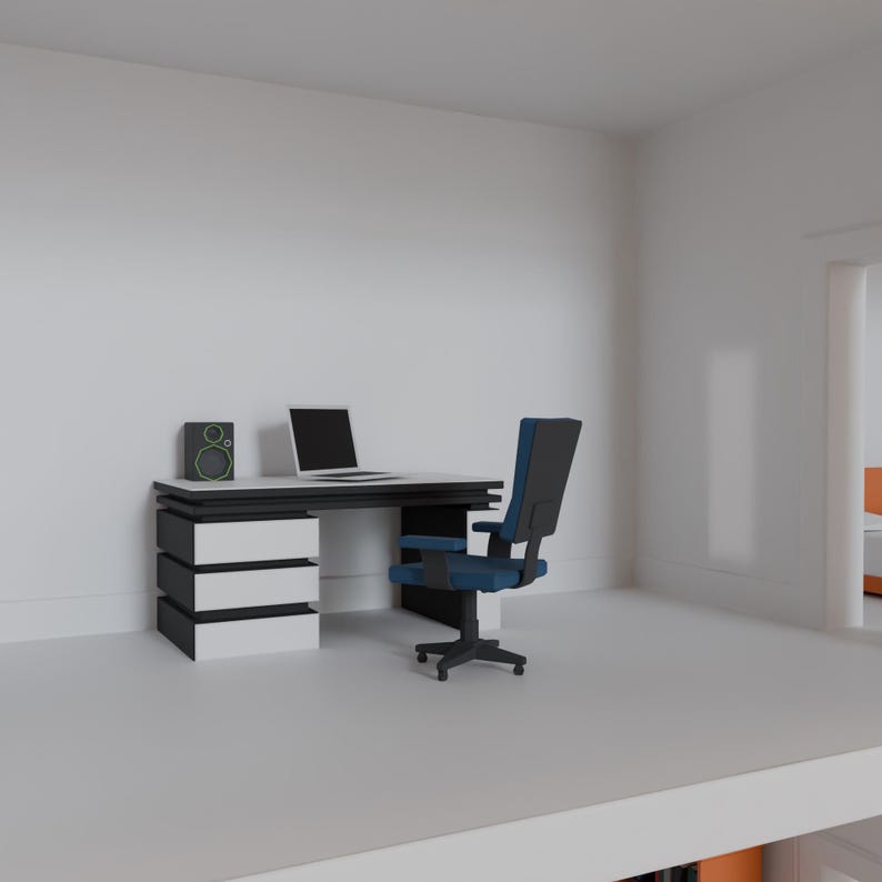 May include: A contemporary office space with a black and white desk, a laptop, and a blue office chair. A small speaker is on the desk. The room is painted white.
