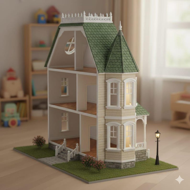 May include: A detailed dollhouse with a green roof and beige siding. The dollhouse has multiple floors, windows, and a small porch. It sits on a green base with miniature landscaping and a small lamppost.