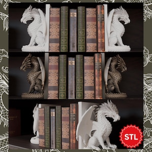 May include: A display of books on shelves, flanked by dragon bookends. The bookends are in white and bronze, with detailed dragon figures. The books have various colors and textures, creating a classic library aesthetic. The image includes a red "STL" sticker.