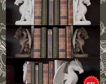 May include: A display of books on shelves, flanked by dragon bookends. The bookends are in white and bronze, with detailed dragon figures. The books have various colors and textures, creating a classic library aesthetic. The image includes a red "STL" sticker.