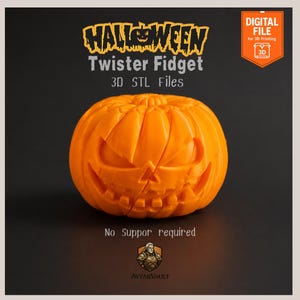 May include: An orange pumpkin-shaped fidget toy with a carved jack-o'-lantern face. Text reads: HALLOWEEN Twister Fidget 3D STL Files, DIGITAL FILE for 3D Printing, No Suppor required, and AVTARVAULT with a knight emblem.