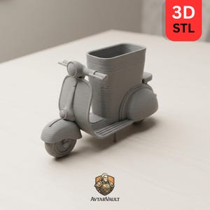 May include: A gray 3D printed desk organizer shaped like a vintage scooter. The object features a hollow rectangular compartment for storage, a front wheel, handlebars, and a seat. The surface shows horizontal layer lines from the printing process.