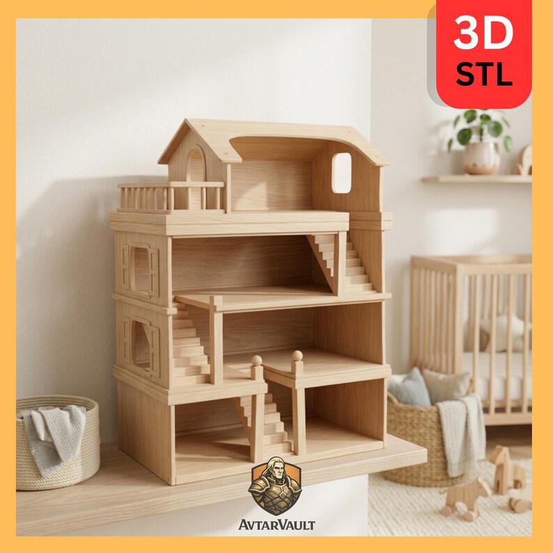 Peut inclure: Une maison de poup&eacute;e en bois &agrave; plusieurs niveaux, avec des escaliers et un balcon sur le toit. La maison de poup&eacute;e est en bois clair et pr&eacute;sente un design classique. L'image comprend &eacute;galement le texte "3D STL" dans un encadr&eacute; rouge.