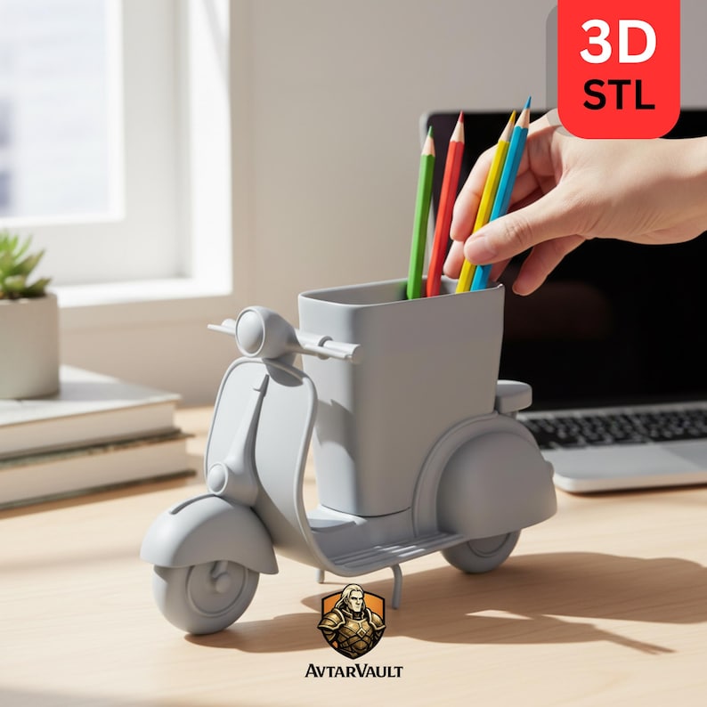 May include: A light gray plastic desk organizer shaped like a vintage scooter, featuring a central storage compartment for pens and pencils. The object includes a red square graphic in the corner with the white text 3D STL and a logo with the text AVTARVAULT.