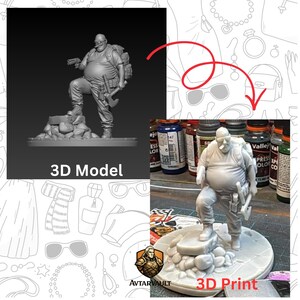 May include: A gray 3D model and a corresponding 3D print of a stout figure wearing sunglasses, a t-shirt, and a backpack. The figure holds a pistol in one hand and an axe in the other, standing with one foot on a pile of rocks. Text reads 3D Model and 3D Print.