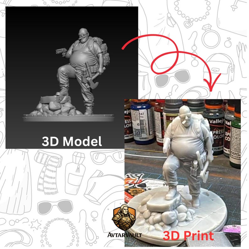 May include: A gray 3D model and a corresponding 3D print of a stout figure wearing sunglasses, a t-shirt, and a backpack. The figure holds a pistol in one hand and an axe in the other, standing with one foot on a pile of rocks. Text reads 3D Model and 3D Print.