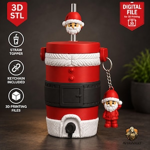 May include: A red and white Santa-themed beverage dispenser featuring a black belt design, a Santa head straw topper, and a matching Santa keychain. The dispenser includes a black spigot at the base and is presented as a 3D STL digital file for printing.