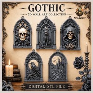 Gotisk väggkonst STL-paket | 3D-utskrifter av skalle, katt, korp, slott (digital nedladdning)