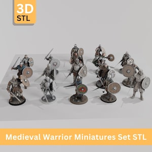 May include: A set of medieval warrior miniatures, each with a sword and shield. The figures are in various poses, some with helmets and armor. The image includes the text "3D STL" and "Medieval Warrior Miniatures Set STL".