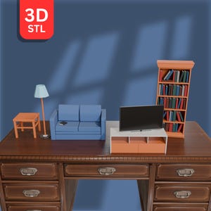 May include: A 3D model of a living room setup. The scene features a blue sofa, a TV on an orange and white cabinet, a bookcase with books, a side table, and a floor lamp. The backdrop is a solid blue. The text "3D STL" is visible in the top left corner.