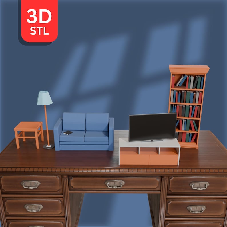 May include: A 3D model of a living room setup. The scene features a blue sofa, a TV on an orange and white cabinet, a bookcase with books, a side table, and a floor lamp. The backdrop is a solid blue. The text "3D STL" is visible in the top left corner.
