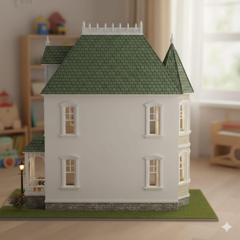 May include: A miniature dollhouse featuring a green tiled roof, white walls, and several windows. The dollhouse includes a small porch with a lamp post and is set on a patch of green grass. The house has a stone foundation.