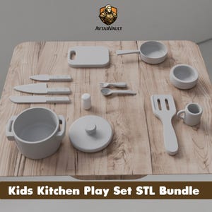 May include: A white toy kitchen play set including a pot with lid, a pan, a cutting board, three knives, a fork, a spoon, a salt shaker, a spatula, and a small mug. The set is displayed on a wood-grain surface with the text Kids Kitchen Play Set STL Bundle.