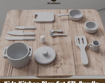 May include: A white toy kitchen play set including a pot with lid, a pan, a cutting board, three knives, a fork, a spoon, a salt shaker, a spatula, and a small mug. The set is displayed on a wood-grain surface with the text Kids Kitchen Play Set STL Bundle.
