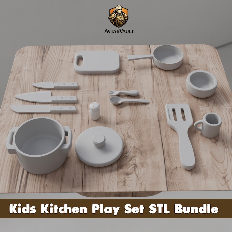 May include: A white toy kitchen play set including a pot with lid, a pan, a cutting board, three knives, a fork, a spoon, a salt shaker, a spatula, and a small mug. The set is displayed on a wood-grain surface with the text Kids Kitchen Play Set STL Bundle.