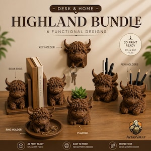 Highland Cow 3D Print Bundle | Key Holder, Bookends, Pen Holder (Digital Download)