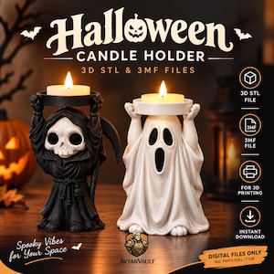 Könnte beinhalten: Zwei Halloween-Kerzenhalter in Form eines schwarzen Sensenmanns und eines weißen Geistes, die jeweils eine runde Schale für ein Teelicht halten. Der Text lautet Halloween CANDLE HOLDER 3D STL & 3MF FILES, Spooky Vibes for Your Space und Digital Files Only.