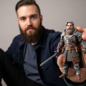 May include: A detailed action figure of a bearded warrior wearing silver plate armor over a chainmail tunic, brown leather belt, and boots. The figure holds a silver sword in its right hand and features a brown cape draped over its shoulders.