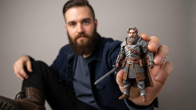 May include: A detailed action figure of a bearded warrior wearing silver plate armor over a chainmail tunic, brown leather belt, and boots. The figure holds a silver sword in its right hand and features a brown cape draped over its shoulders.
