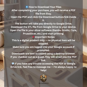 May include: A digital product listing for a 3D printable toy kitchen set. The text provides instructions on downloading STL files from Google Drive for use in slicer software like Bambu Studio, Cura, or PrusaSlicer. Includes the AvtarVault logo.
