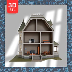 May include: A 3D-printed doll's house model with several rooms, including a bedroom, living room, and dining area. The doll's house is painted in beige, green, and brown tones. The text "3D STL" is in a red box in the upper left corner.