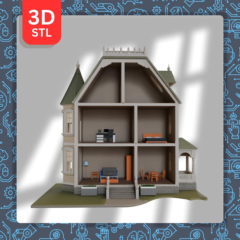 May include: A 3D-printed doll's house model with several rooms, including a bedroom, living room, and dining area. The doll's house is painted in beige, green, and brown tones. The text "3D STL" is in a red box in the upper left corner.