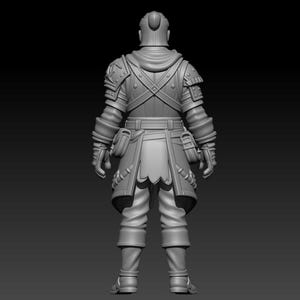 May include: A gray 3D digital model of a fantasy character seen from the back. The figure wears layered armor with shoulder plates, a belt with two pouches, and a tunic. The character has a tied hairstyle and is rendered in a neutral matte finish.