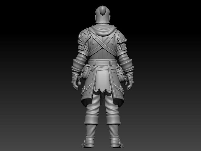 May include: A gray 3D digital model of a fantasy character seen from the back. The figure wears layered armor with shoulder plates, a belt with two pouches, and a tunic. The character has a tied hairstyle and is rendered in a neutral matte finish.