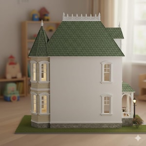 May include: A detailed doll's house with a green roof, white walls, and a light beige tower. The doll's house has multiple windows with interior lighting, a small porch, and sits on a green base. A miniature street lamp and small bush are also present.
