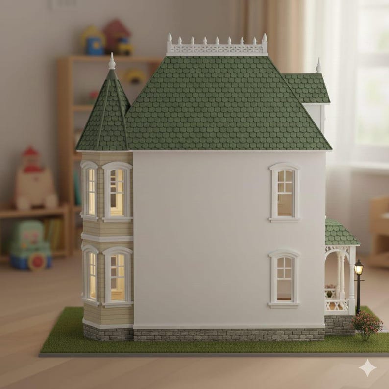 May include: A detailed doll's house with a green roof, white walls, and a light beige tower. The doll's house has multiple windows with interior lighting, a small porch, and sits on a green base. A miniature street lamp and small bush are also present.