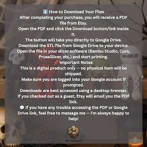 K&ouml;nnte beinhalten: Eine digitale Anleitung zum Herunterladen von 3D-druckbaren Dateien. Der Text beschreibt die Schritte zum Zugriff auf STL-Dateien &uuml;ber Google Drive f&uuml;r Slicer-Software wie Bambu Studio, Cura und PrusaSlicer. Es handelt sich um ein rein digitales Produkt.