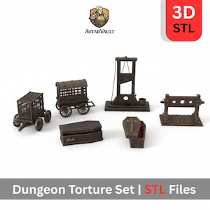 May include: A collection of miniature dungeon torture devices, including a guillotine, stocks, a coffin, and a cage. The set is brown and appears to be made of wood. The image also includes the text "Dungeon Torture Set | STL Files".