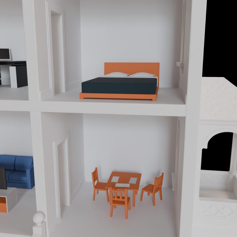 May include: A doll's house with several rooms, each containing miniature furniture. The rooms include a bedroom with an orange bed frame and a dark blue mattress, a living room with a blue sofa, and a dining area with a table and chairs.