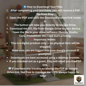 May include: A digital product download guide displayed on a miniature house model. The guide provides instructions on how to download files from Etsy. The text includes steps for downloading and important notes about the digital product.