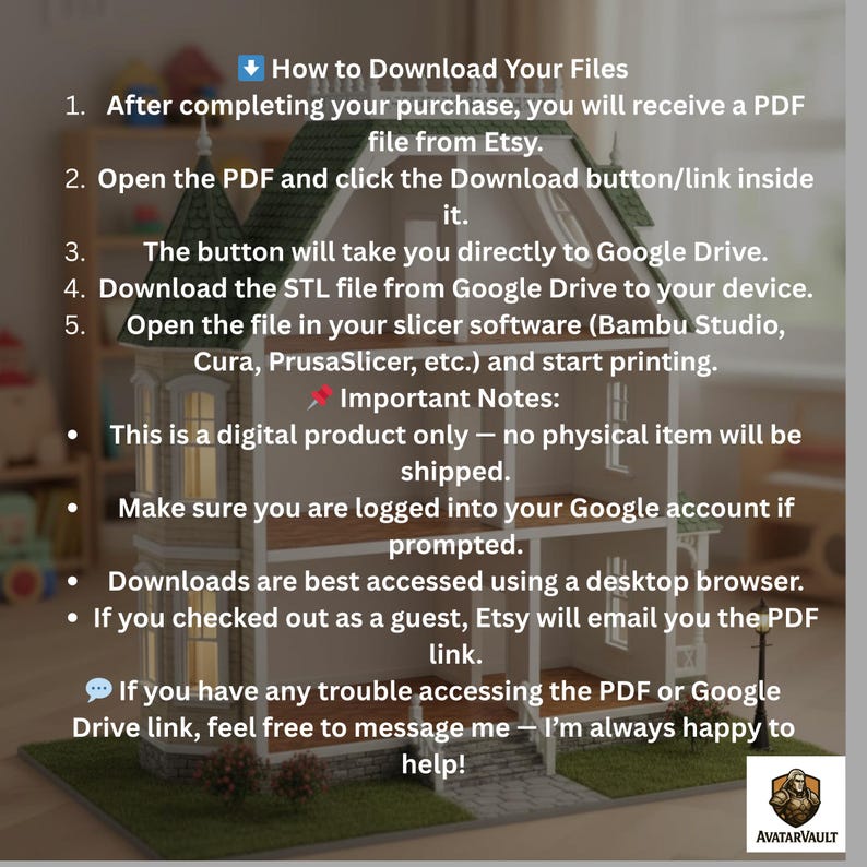May include: A digital product download guide displayed on a miniature house model. The guide provides instructions on how to download files from Etsy. The text includes steps for downloading and important notes about the digital product.