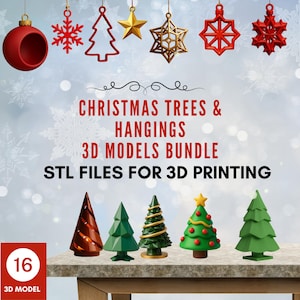 Könnte beinhalten: Eine Sammlung von 3D-Modellen zum Thema Weihnachten, darunter verschiedene Baumdesigns und Hängeornamente. Das Bild zeigt eine Vielzahl von Farben, darunter Rot, Grün und Gold. Der Text auf dem Bild lautet "CHRISTMAS TREES & HANGINGS 3D MODELS BUNDLE STL FILES FOR 3D PRINTING".