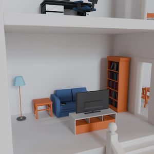 May include: A miniature dollhouse interior with a living room and a home office. The living room features a blue sofa, a TV on a white and orange stand, and a bookshelf. The home office has a desk and a chair.
