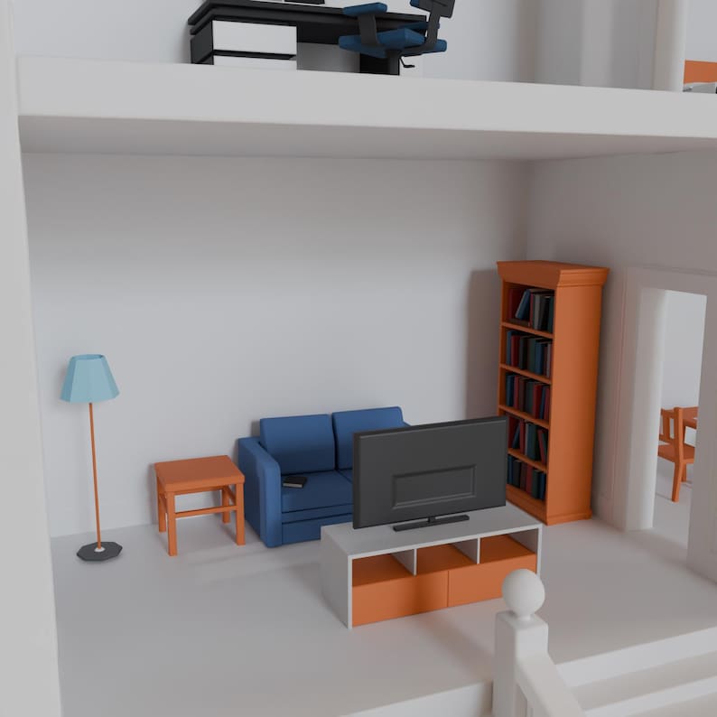 May include: A miniature dollhouse interior with a living room and a home office. The living room features a blue sofa, a TV on a white and orange stand, and a bookshelf. The home office has a desk and a chair.