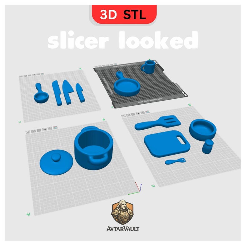May include: A 3D STL file digital preview labeled 3D STL slicer looked, featuring blue digital models of kitchenware including a pot with lid, frying pan, mug, cutting board, spatula, fork, spoon, and various knives on a grid.