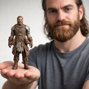 May include: A detailed miniature figurine of a warrior in brown and tan armor, complete with a beard and intricate detailing. The figure is held in a person's open hand, showcasing the craftsmanship and design of the fantasy-themed collectible.