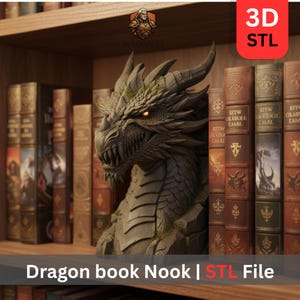May include: A detailed dragon book nook sculpture, nestled among antique books on a wooden shelf. The dragon is gray with textured scales and glowing orange eyes. The image includes the text "Dragon book Nook | STL File" and "3D STL".