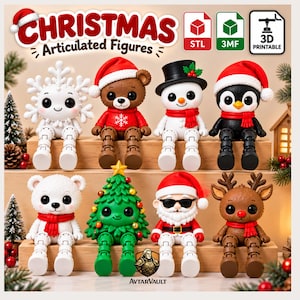 May include: A collection of eight 3D printable articulated Christmas figures including a snowflake, a brown bear, a snowman, a penguin, a white bear, a Christmas tree, Santa Claus with sunglasses, and a reindeer, all featuring jointed limbs.