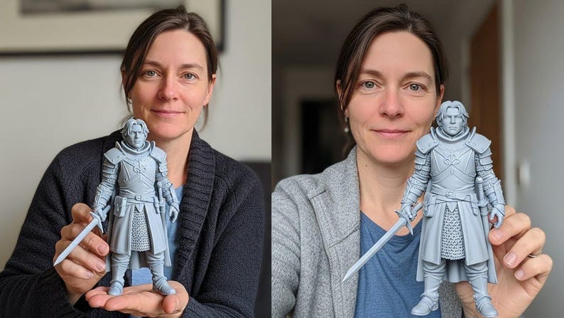 May include: A light gray 3D printed figurine of a warrior dressed in detailed plate armor, featuring a high collar, layered shoulder pauldrons, a chainmail skirt, and a sword held in the right hand. The figure stands upright with a neutral expression.