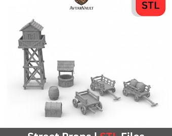 Medieval Street Props STL Pack – Watchtower, Carts, Well & Barrels | 3d Printable files