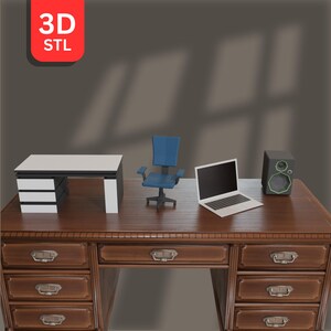 May include: A 3D rendering of a home office setup. The scene includes a wooden desk with drawers, a white and black desk, a blue office chair, a laptop, and a speaker. The image also features a red tag with the text "3D STL".