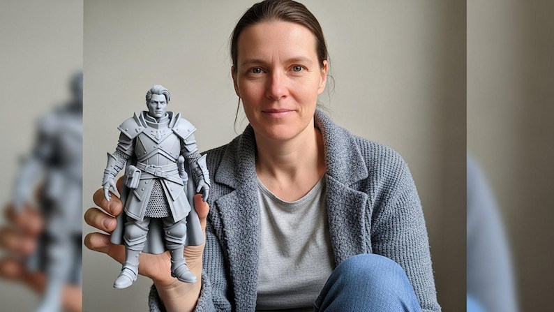May include: A light gray, unpainted 3D printed figurine of a warrior in detailed plate armor. The figure stands in a neutral pose, wearing a breastplate, pauldrons, gauntlets, and a long cape. The character has short, styled hair and a focused expression.